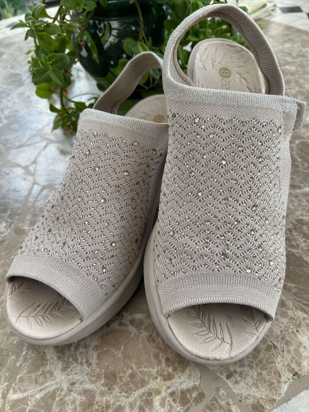 Bzees Light Beige Knit Slingback Wedges with Sparkle